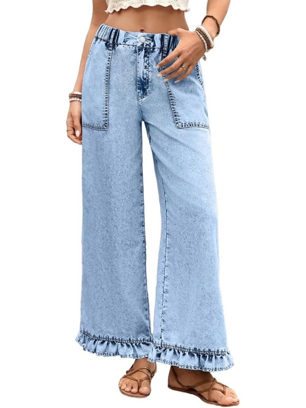 Women's Iceland Blue Ruffle Hem Pants High Waisted Baggy Elastic Wide Leg Jean